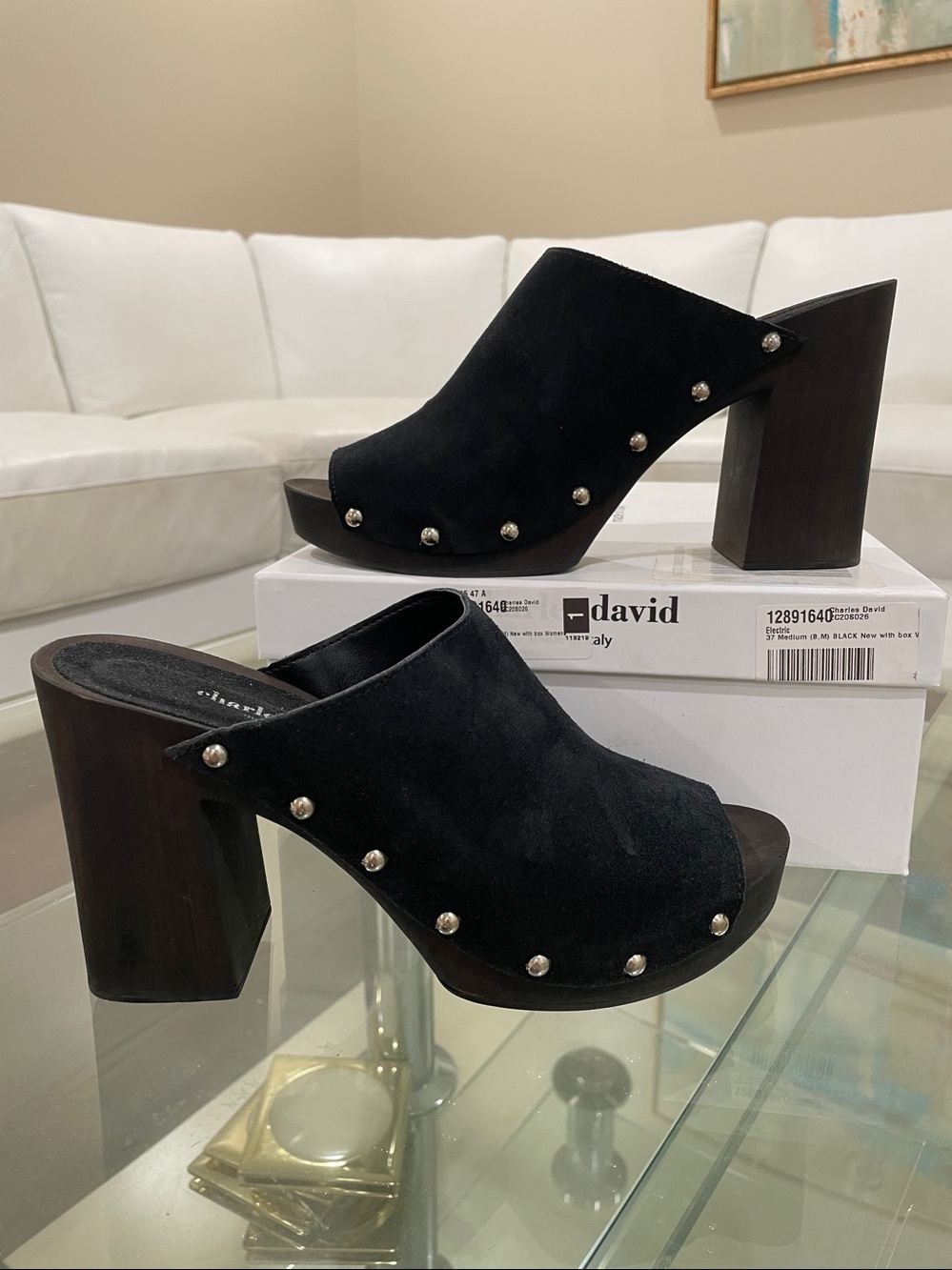 NIB Charles David clogs black kid suede gold studded mules heel slides platform